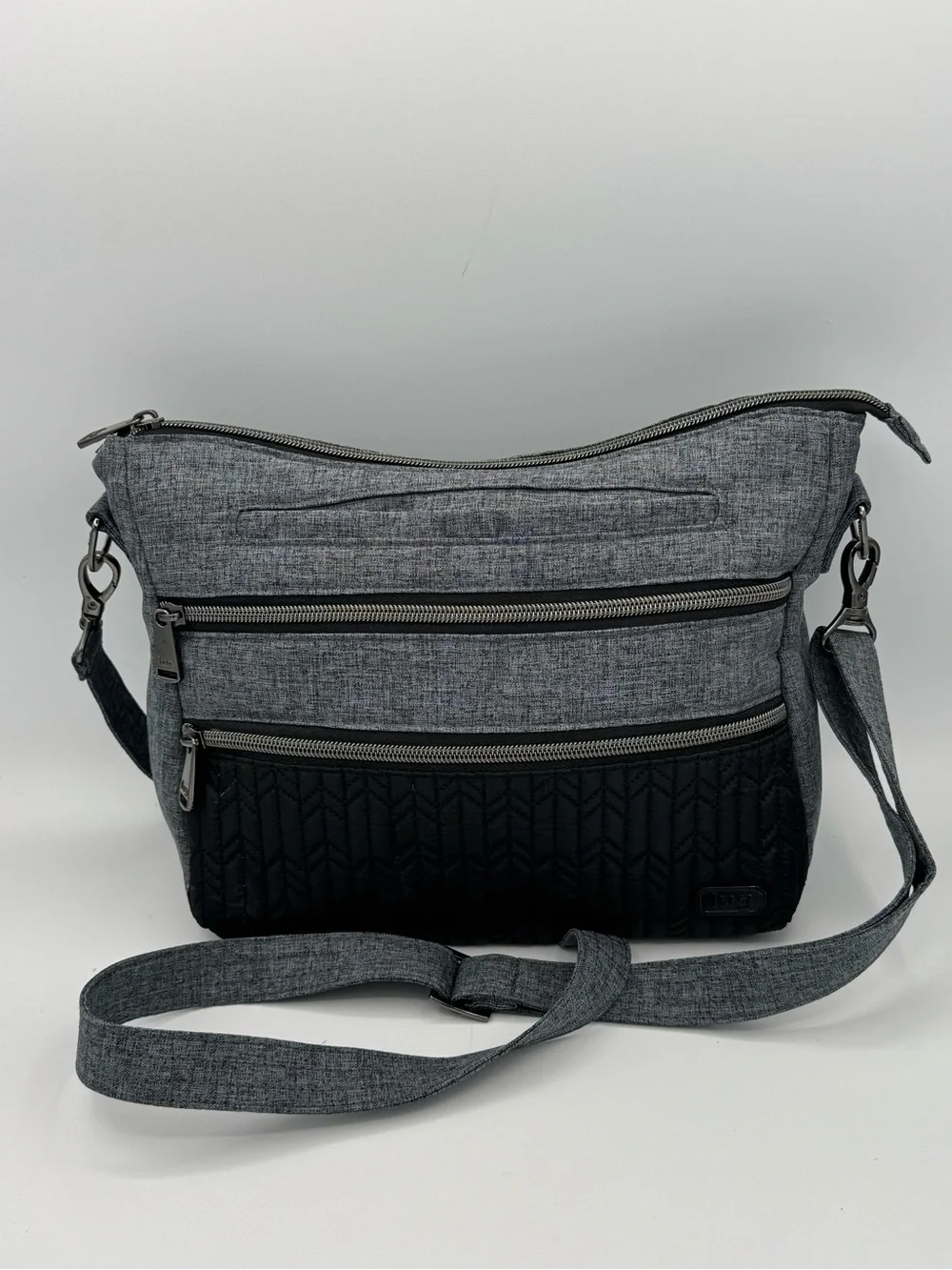 lug Slider Heather Gray/Black Chevron Quilted Panel Crossbody Bag- Multi Pocket